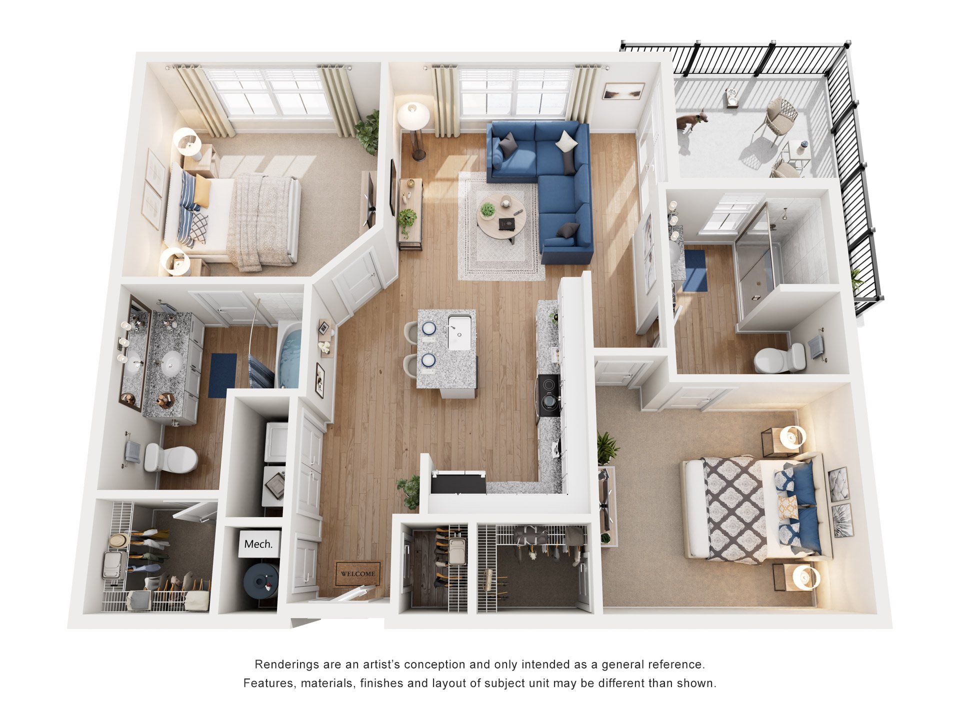 Floor plan for 2 beds, 2 baths, 995 sqft